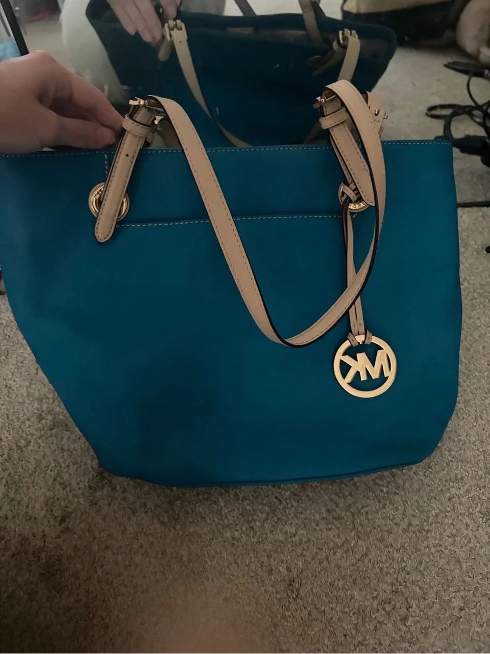 Michael Kors Teal Tote with Beige Straps and Gold Logo Charm